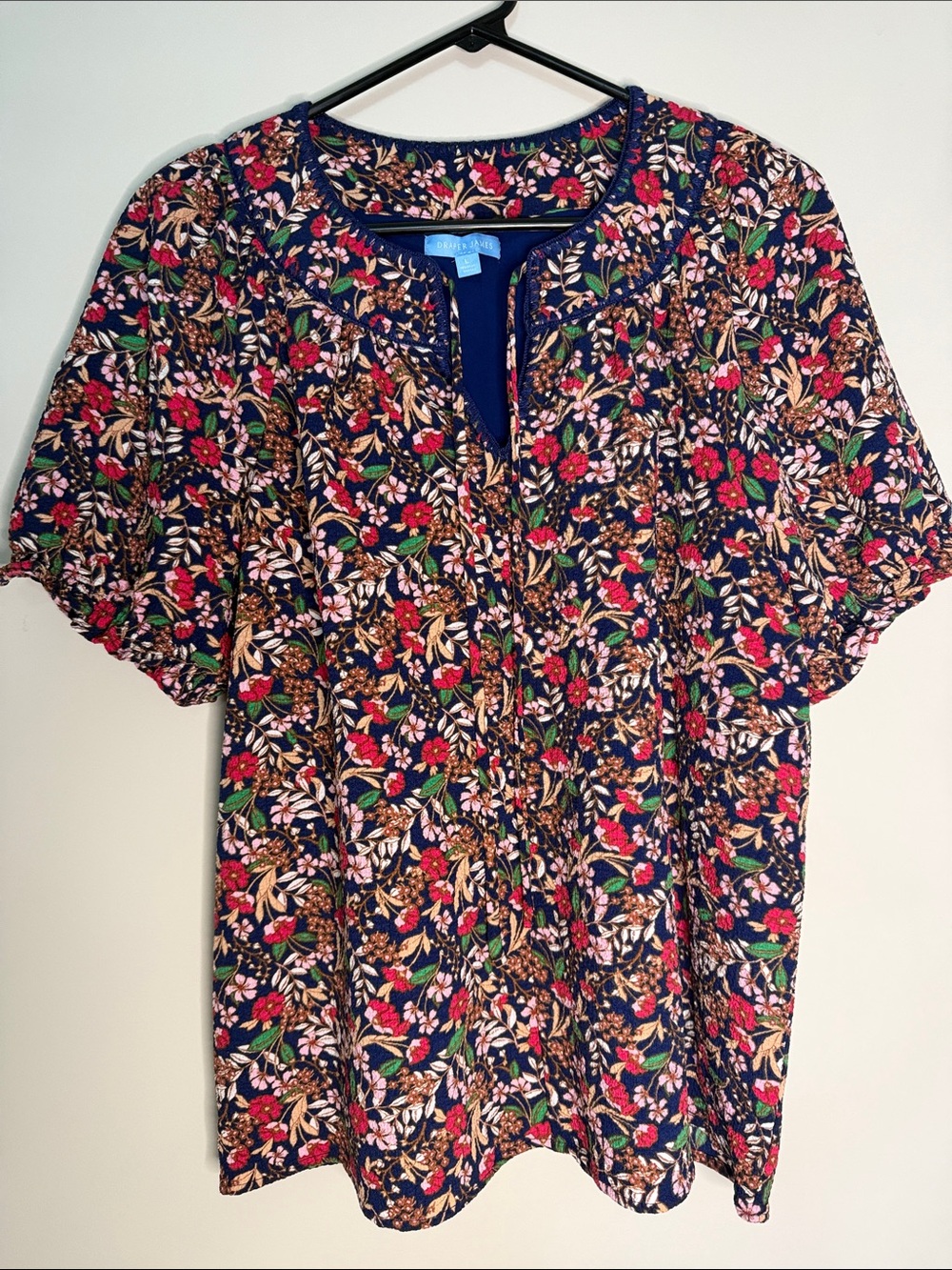 Draper James Navy Floral Split-Neck Blouse